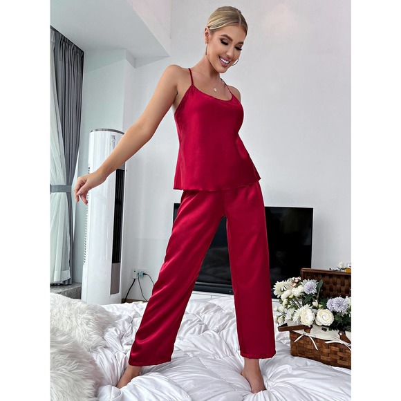 WILA Other - 2 piece pajama set: Crisscross Backless Satin Cami Top & Pants PJ Set red